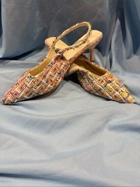 Multicolor Tweed Slingback Pointed-Toe Heels